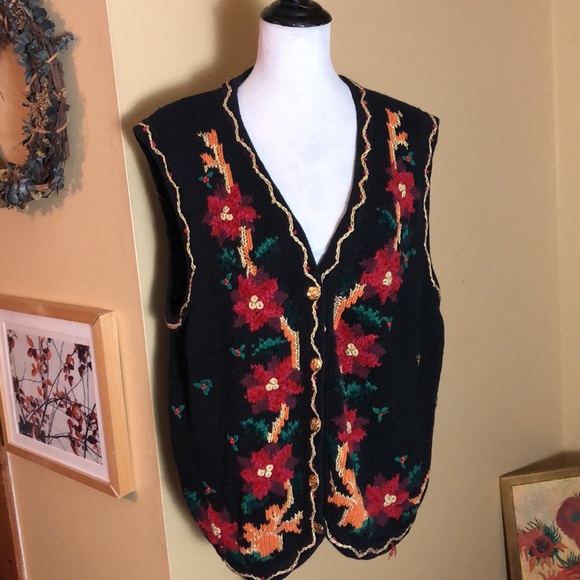 Vintage ERIKA II HandKnit 3X Cotton Ramie Holiday Sweater Poinsettia Holly NEW - Picture 1 of 16